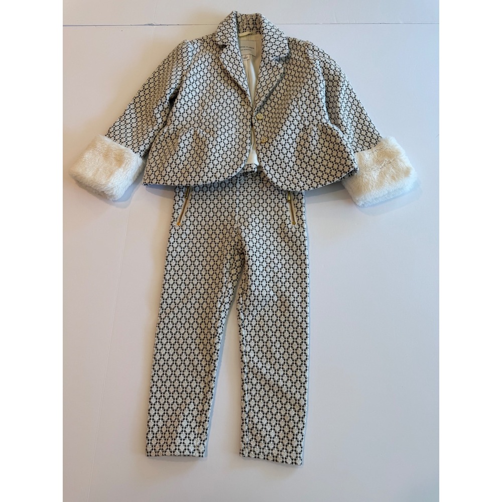 Janie and Jack Girls 2T Blazer and Pants Set Black White Faux Fur Cuffs Metallic